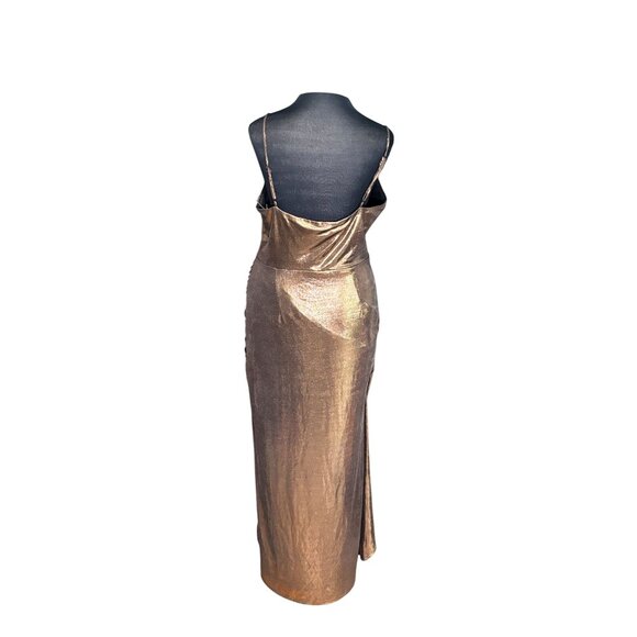 Metallic Bronze Draped Maxi Dress By WAYF With V-Neckline Spaghetti Straps - Picture 3 of 14